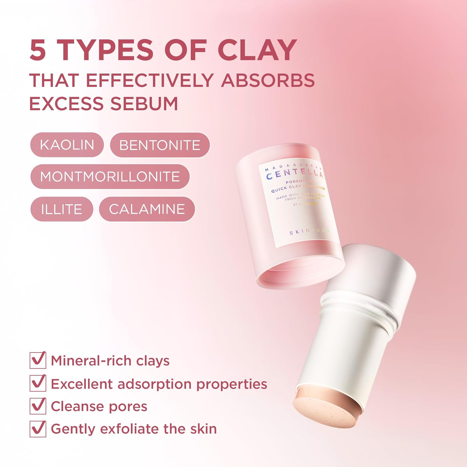 SKIN1004 Poremizing Quick Clay Stick Mask, Face Mask Skincare for Pore Minimizing, Facial Clay Mask with Centella, Pore Minimizer for Sebum Control, Pink Mud Mask, Korean Skin Care, 0.95 oz / 27g